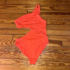 Orange swimsuit one shoulder monokini cutout buttons textured barely worn M